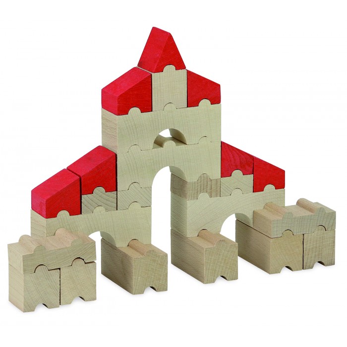 Blocs en bois pour jeu construction : cubes, cylindres, pont, pavé